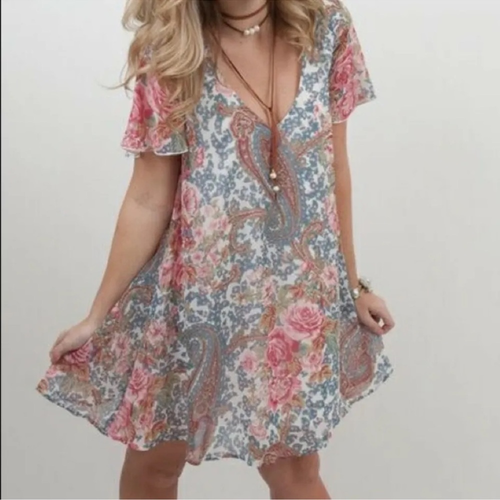 Show Me Your Mumu Kylie Grey Gardens Mini Dress Floral Roses Boho Paisley Medium